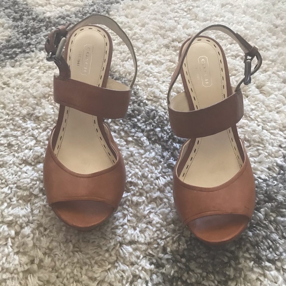 Gently Used Coach Natural Logo Leather Wedges.